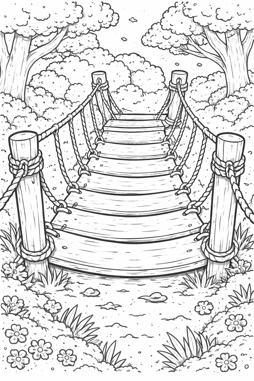 Coloring page of a detailed rope bridge over a lush landscape with trees and flowers, inviting young artists to imagine adventures crossing it.