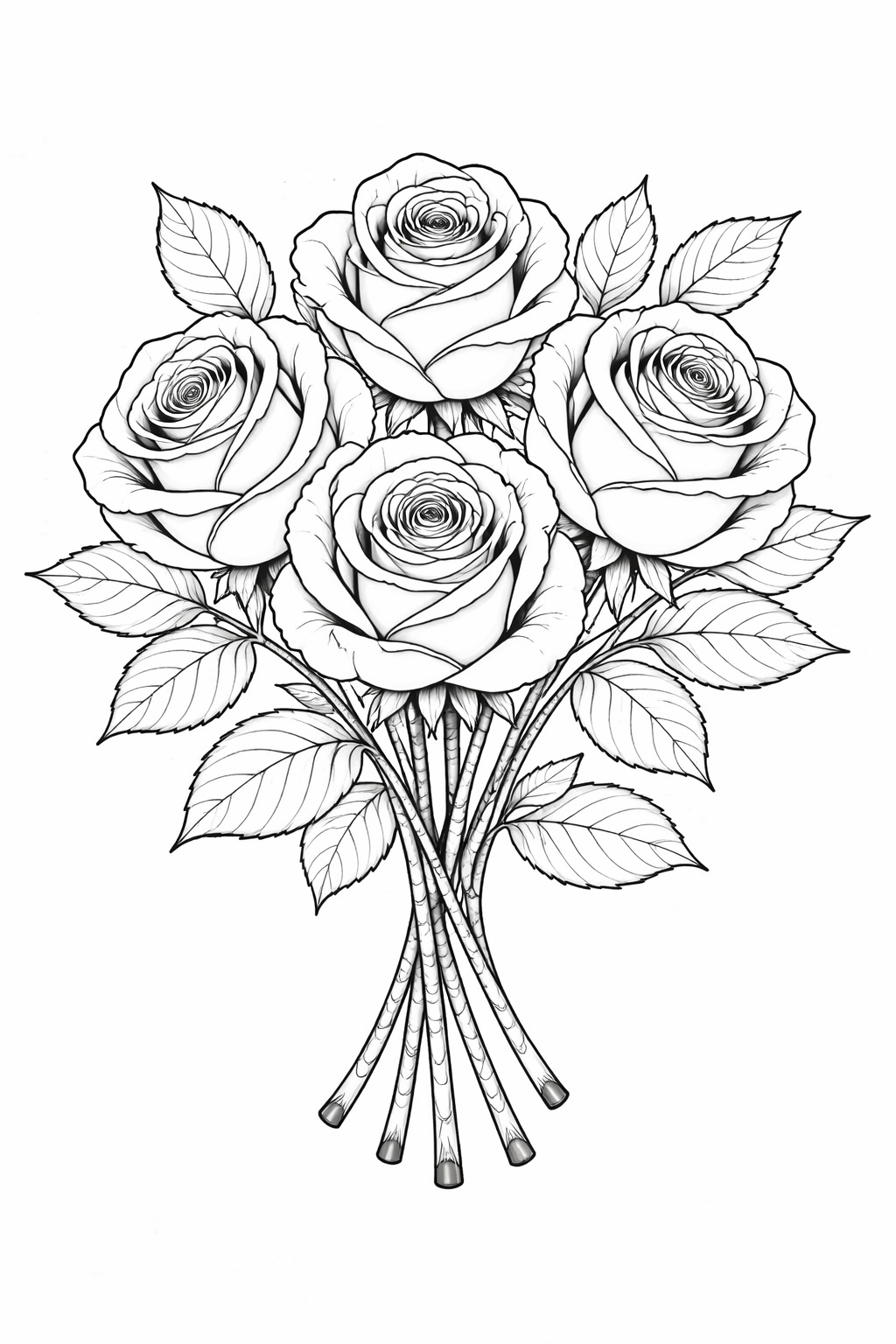 A detailed rose bouquet coloring page for children, featuring intricate petals and leaves, perfect for practicing coloring skills.