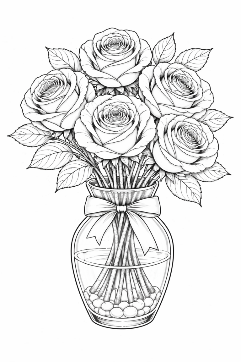 Coloring page showing a detailed arrangement of roses in a vase with leaves. The vase has a ribbon tied around it, making the image perfect for children to color.