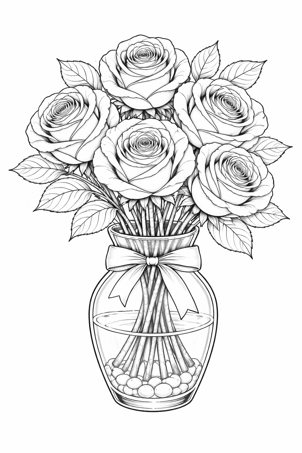 Coloring page showing a detailed arrangement of roses in a vase with leaves. The vase has a ribbon tied around it, making the image perfect for children to color.