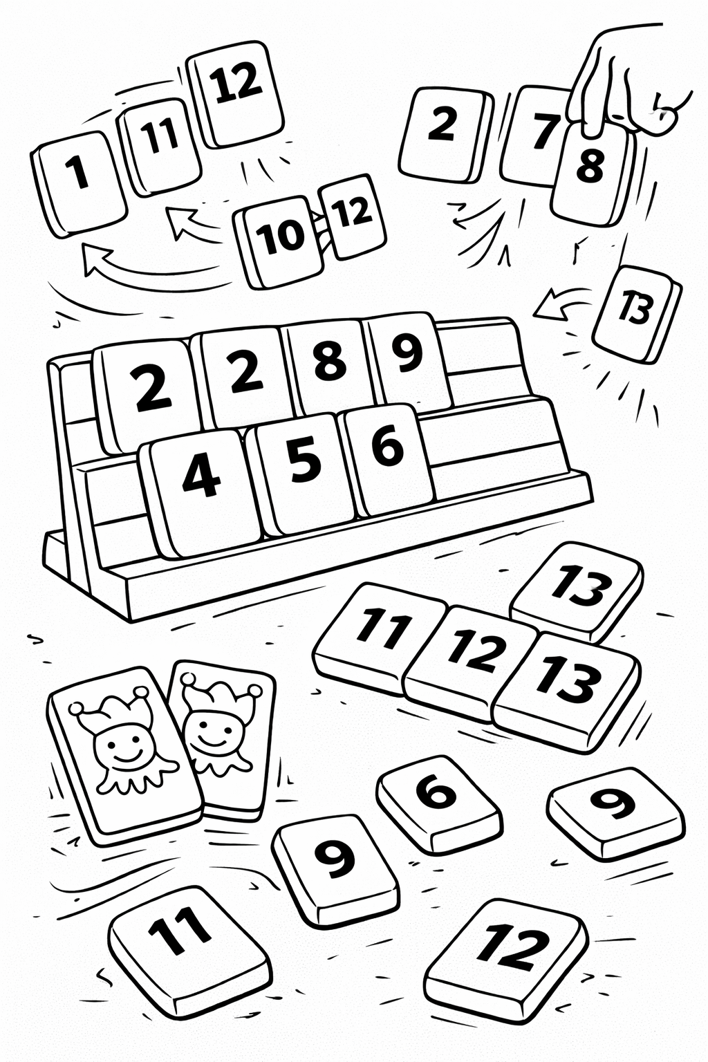 Children’s coloring page of Rummikub tiles. Features numbered tiles from 1 to 13 in playful patterns. Encourages learning and creativity through engaging coloring activity. Ideal for kids interested in number games.