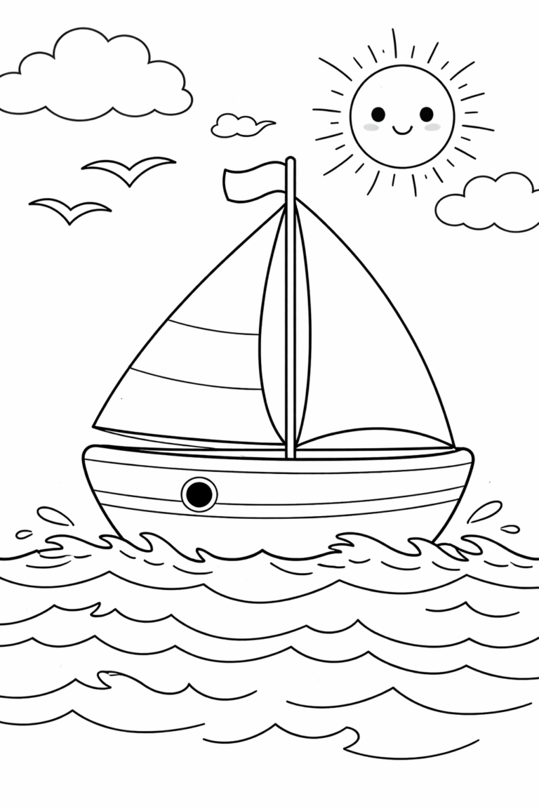 A delightful coloring page featuring a sailboat on waves with a smiling sun, fluffy clouds, and flying seagulls, offering a cheerful scene for children to color.