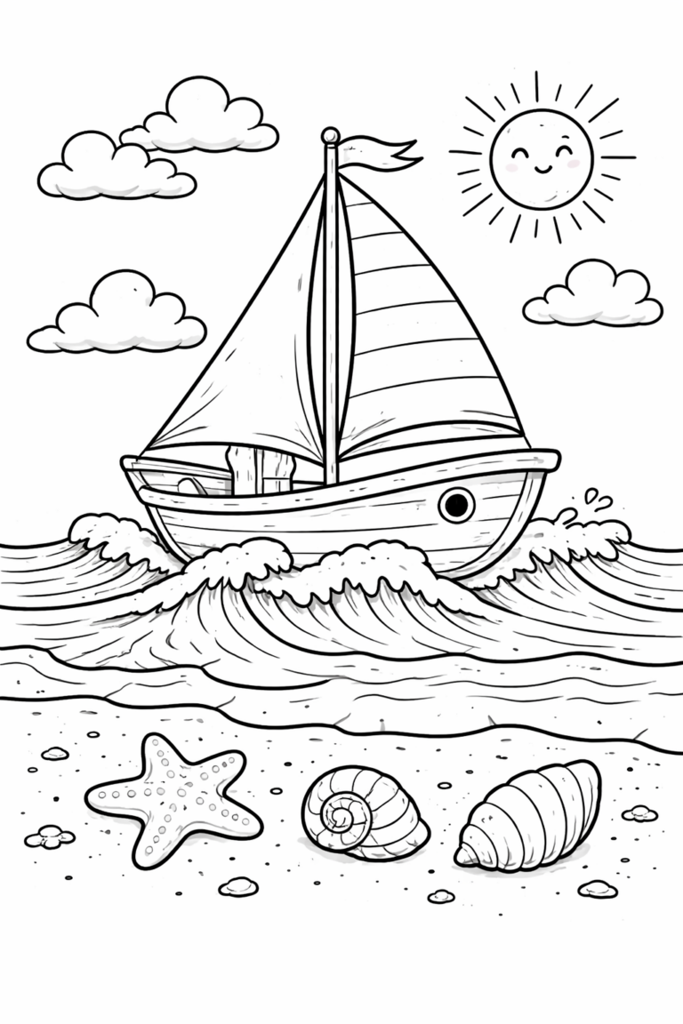 A lively children's coloring page showing a sailboat on wavy waters, with a smiling sun in the sky. There are seashells and a starfish on the sandy beach.