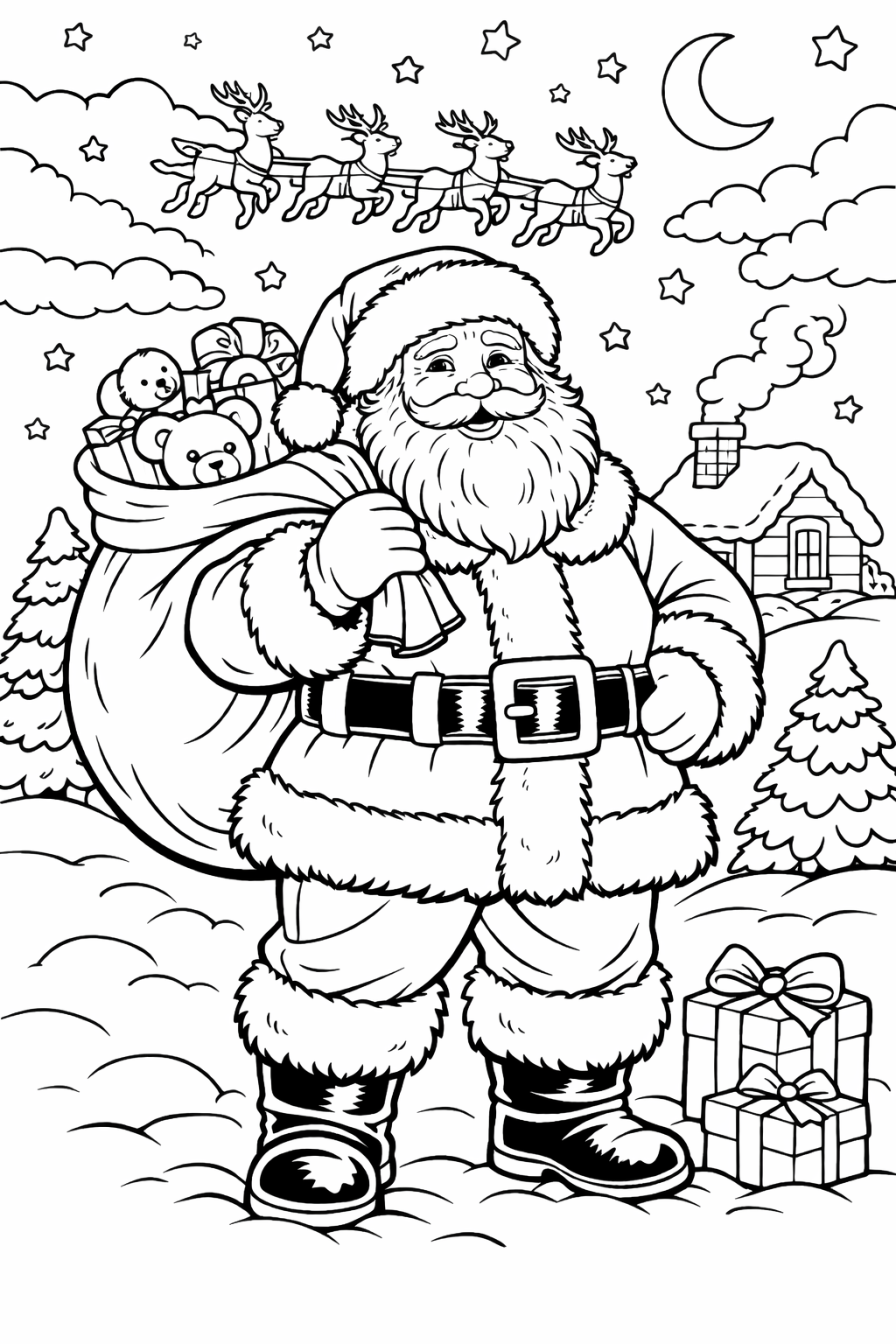 A coloring page featuring Santa Claus holding a sack of gifts, reindeer in the sky, and a cozy cabin. Perfect for kids to enjoy during the Christmas season and bring the festive spirit to life by coloring.