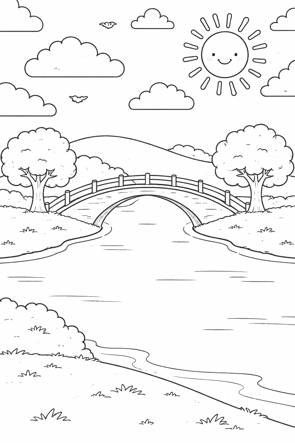 A detailed coloring page showing a scenic bridge over a river, with clouds, a smiling sun, trees, and hills in the background, ideal for kids to color.