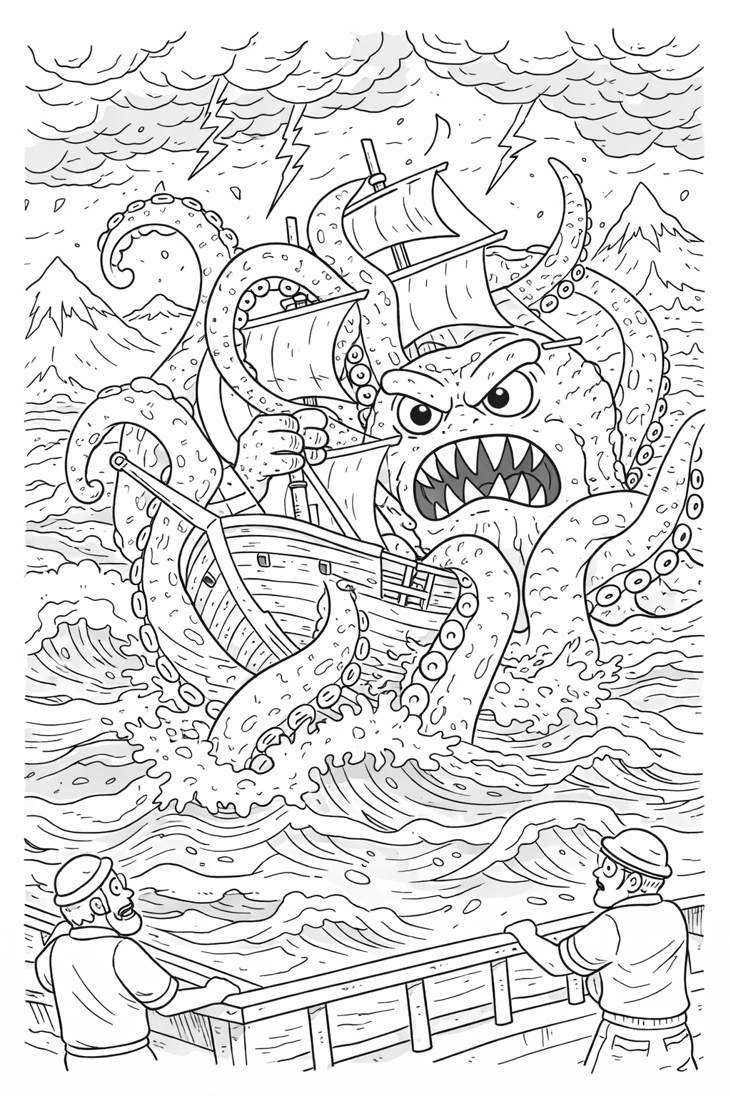 A detailed ocean adventure scene showing a giant sea monster with tentacles attacking a ship. Lightning and waves add dramatic effects while sailors watch in suspense.