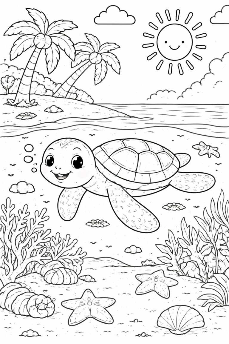 A cheerful sea turtle in an ocean setting with palm trees, a smiling sun, and underwater elements like starfish and coral, designed for children to color.
