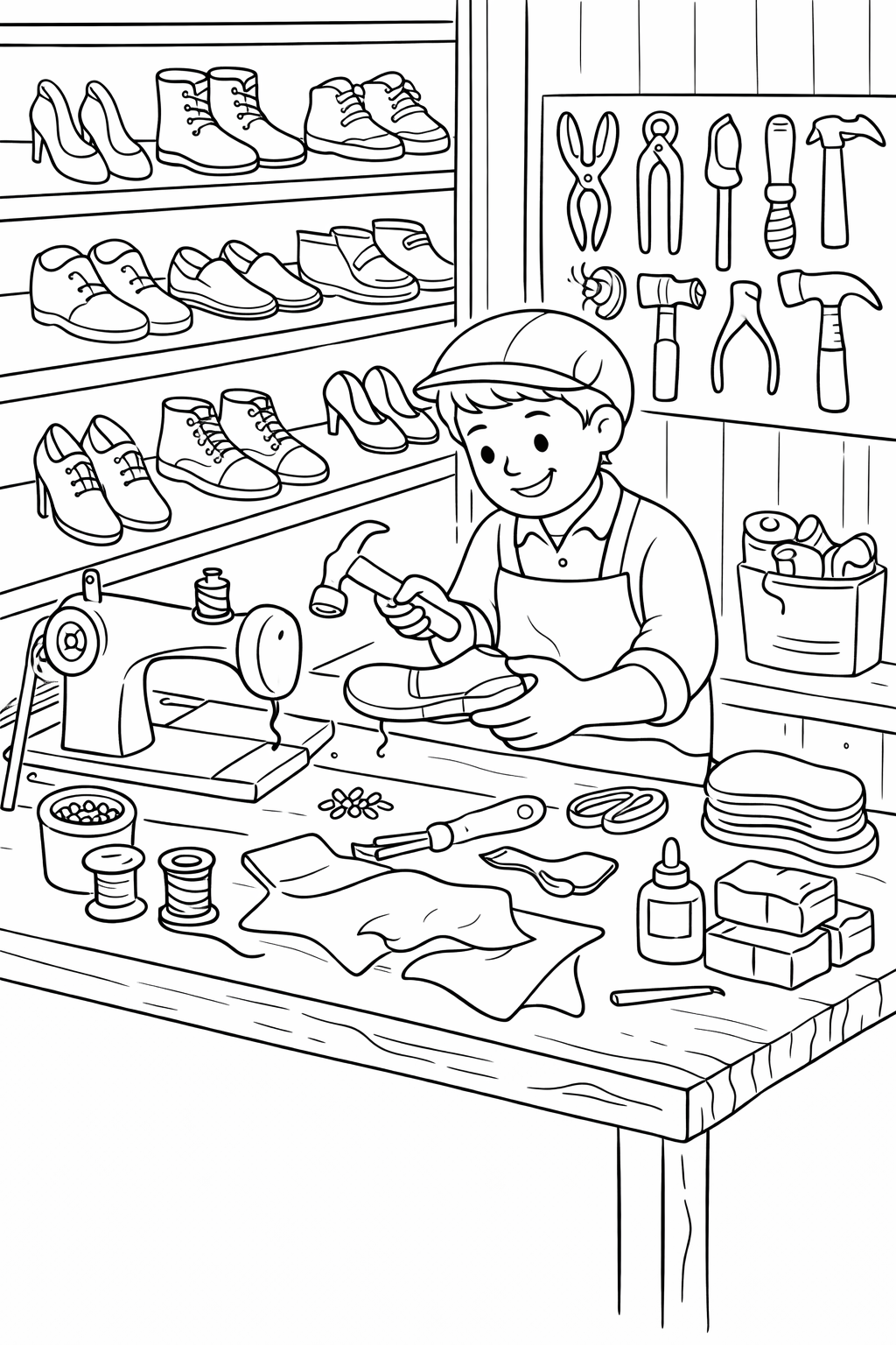 A detailed coloring page depicting a shoemaker at work in a busy workshop, surrounded by various shoes, tools, and crafting materials, inviting kids to engage their creativity and explore the world of making shoes.