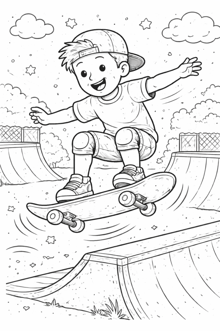 A lively coloring page depicting a child skateboarding at the park. The background includes clouds, stars, and a skate ramp, offering an engaging activity for kids.