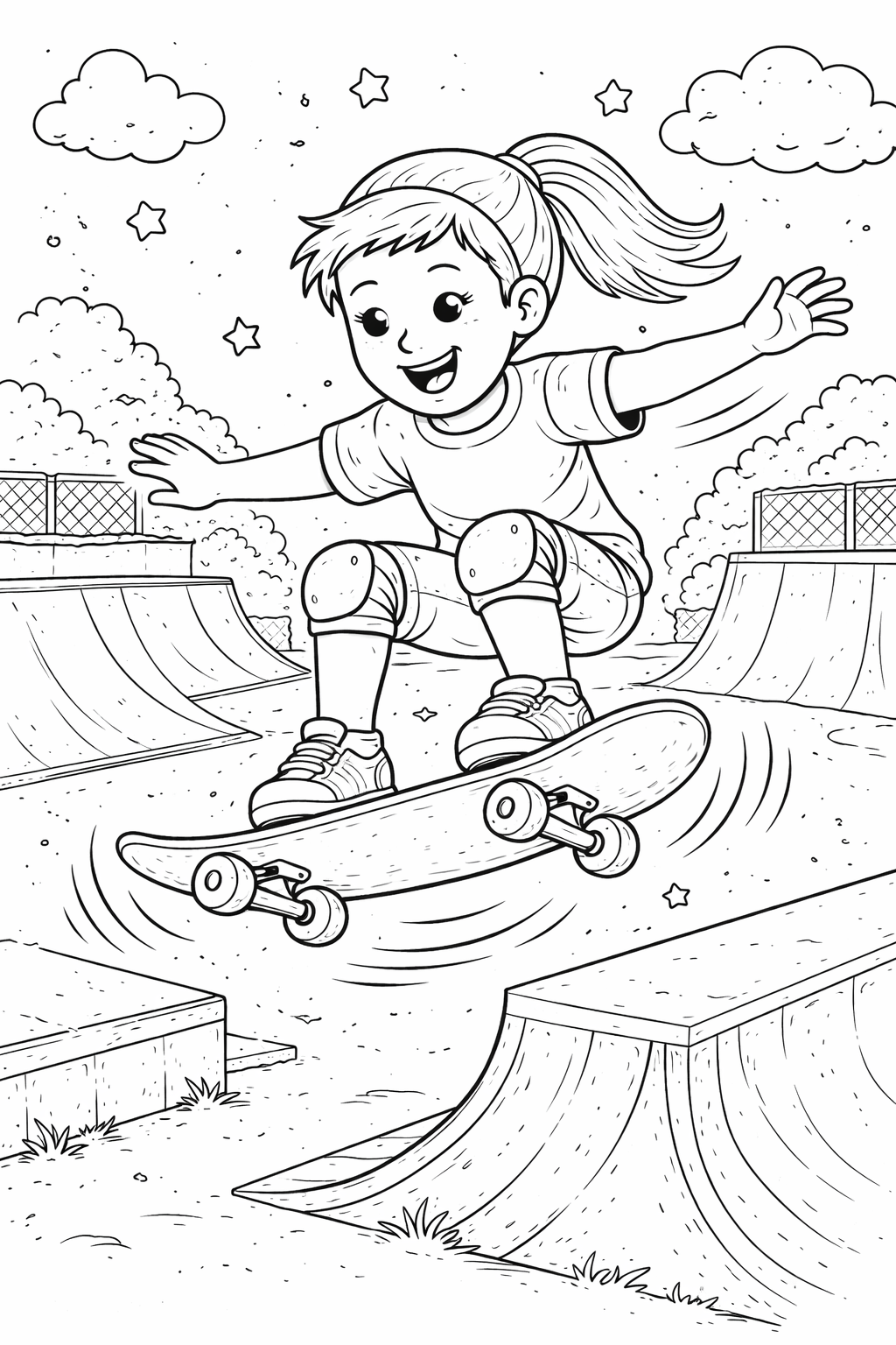A delightful coloring page depicting a young child performing a skateboarding trick in a park, surrounded by ramps and stars. Perfect for young artists to add their creative colors.