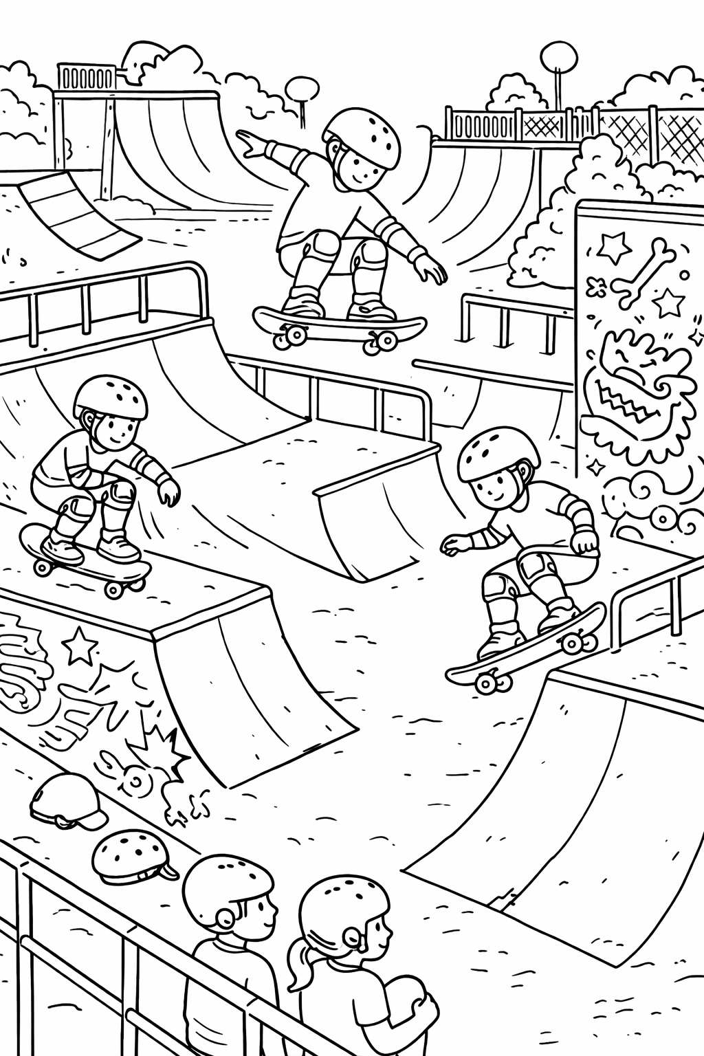Color this exciting skatepark scene with children performing skateboarding tricks on ramps. They wear helmets and knee pads, adding elements of safety and creativity to the activity.