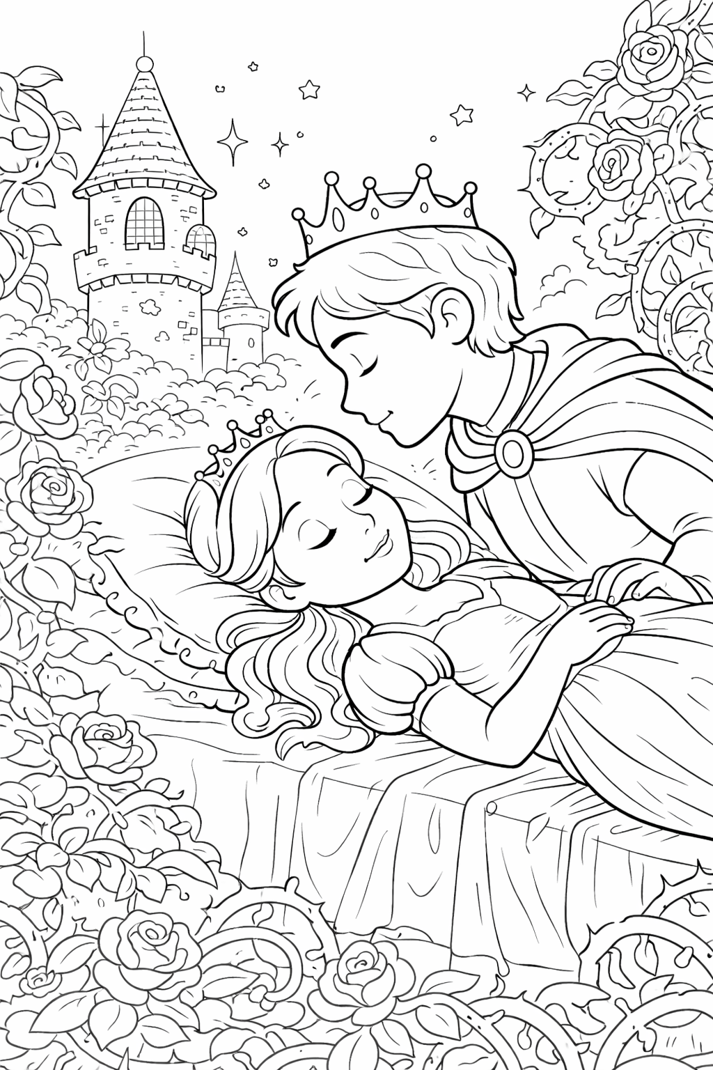 Coloring page depicting a Sleeping Beauty scene with a prince leaning towards a sleeping princess, surrounded by roses and a castle in the background.
