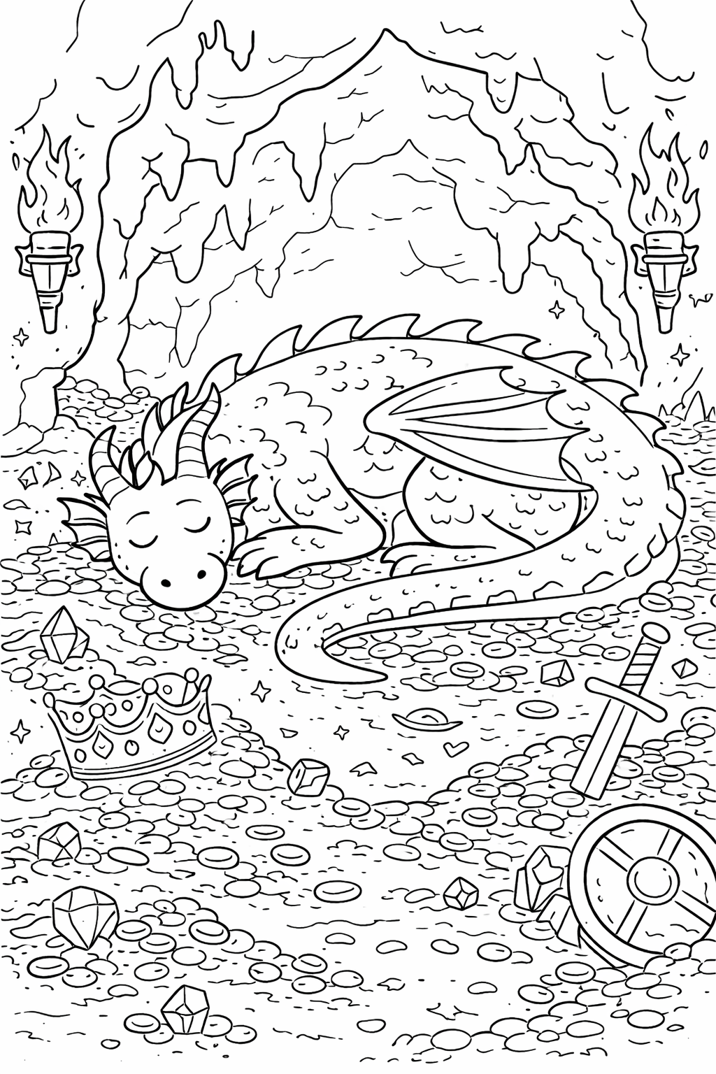 A sleeping dragon lies on a bed of treasure inside a cave. Surrounding the dragon are coins, jewels, a crown, a sword, and a shield. Torches light up the rocky walls, inviting kids to color a scene full of fantasy and magical allure.