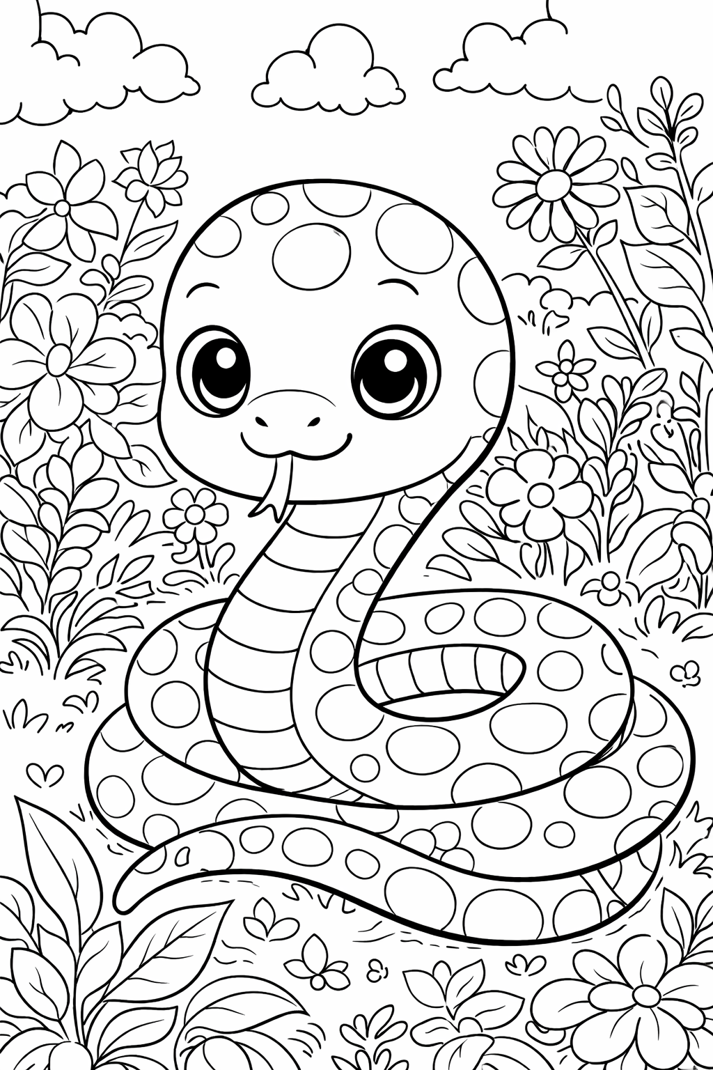 A coloring page with a smiling cartoon snake surrounded by flowers in a garden, designed for children to color and enjoy.
