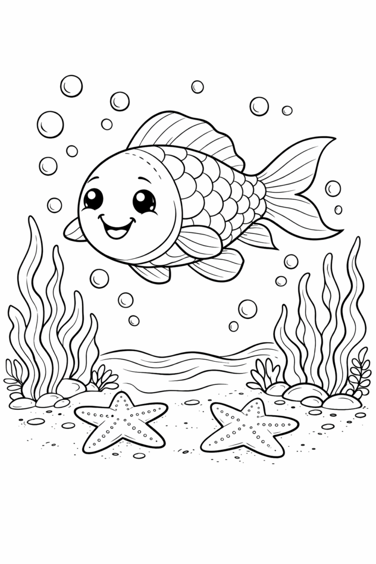 A charming coloring page showcasing a smiling fish with detailed scales swimming amid bubbles, accompanied by starfish and seaweed in an underwater setting.