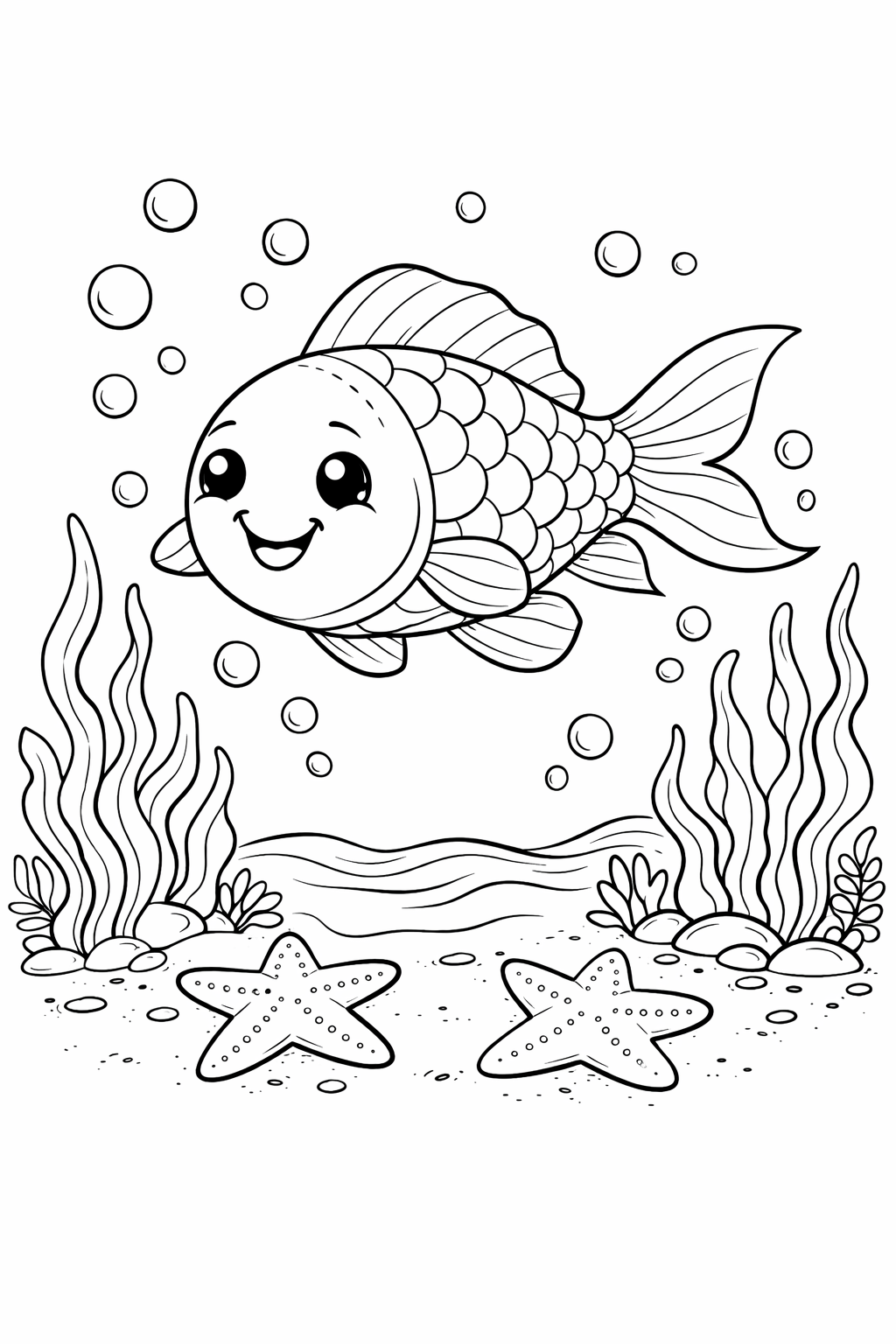 A charming coloring page showcasing a smiling fish with detailed scales swimming amid bubbles, accompanied by starfish and seaweed in an underwater setting.