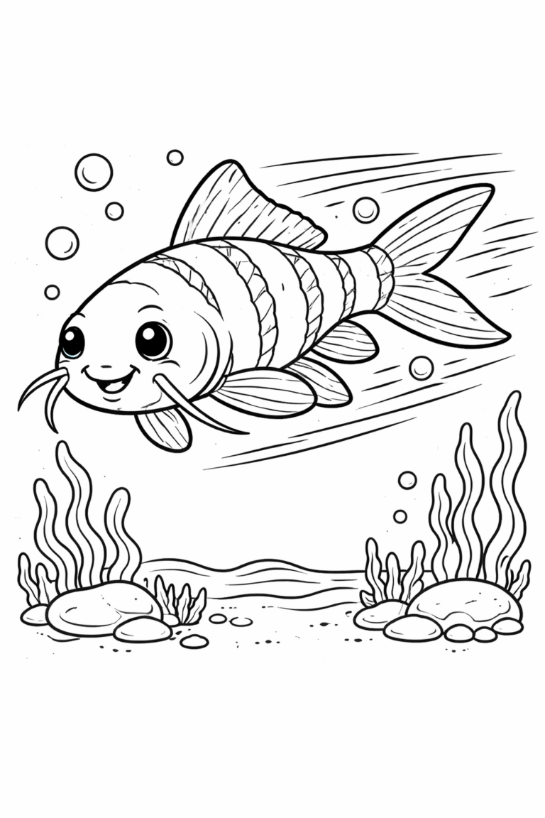 A joyful, smiling fish is swimming underwater, surrounded by bubbles, rocks, and seaweed. This charming scene invites children to fill it with bright and cheerful colors, enhancing their creativity and underwater life appreciation.