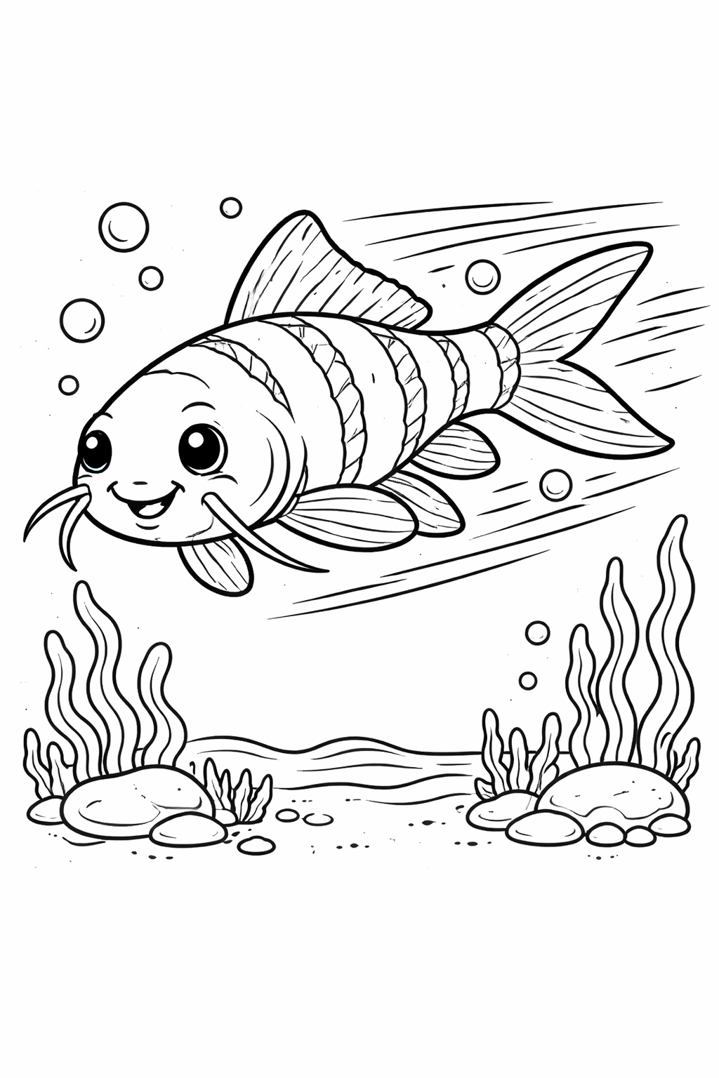 A joyful, smiling fish is swimming underwater, surrounded by bubbles, rocks, and seaweed. This charming scene invites children to fill it with bright and cheerful colors, enhancing their creativity and underwater life appreciation.