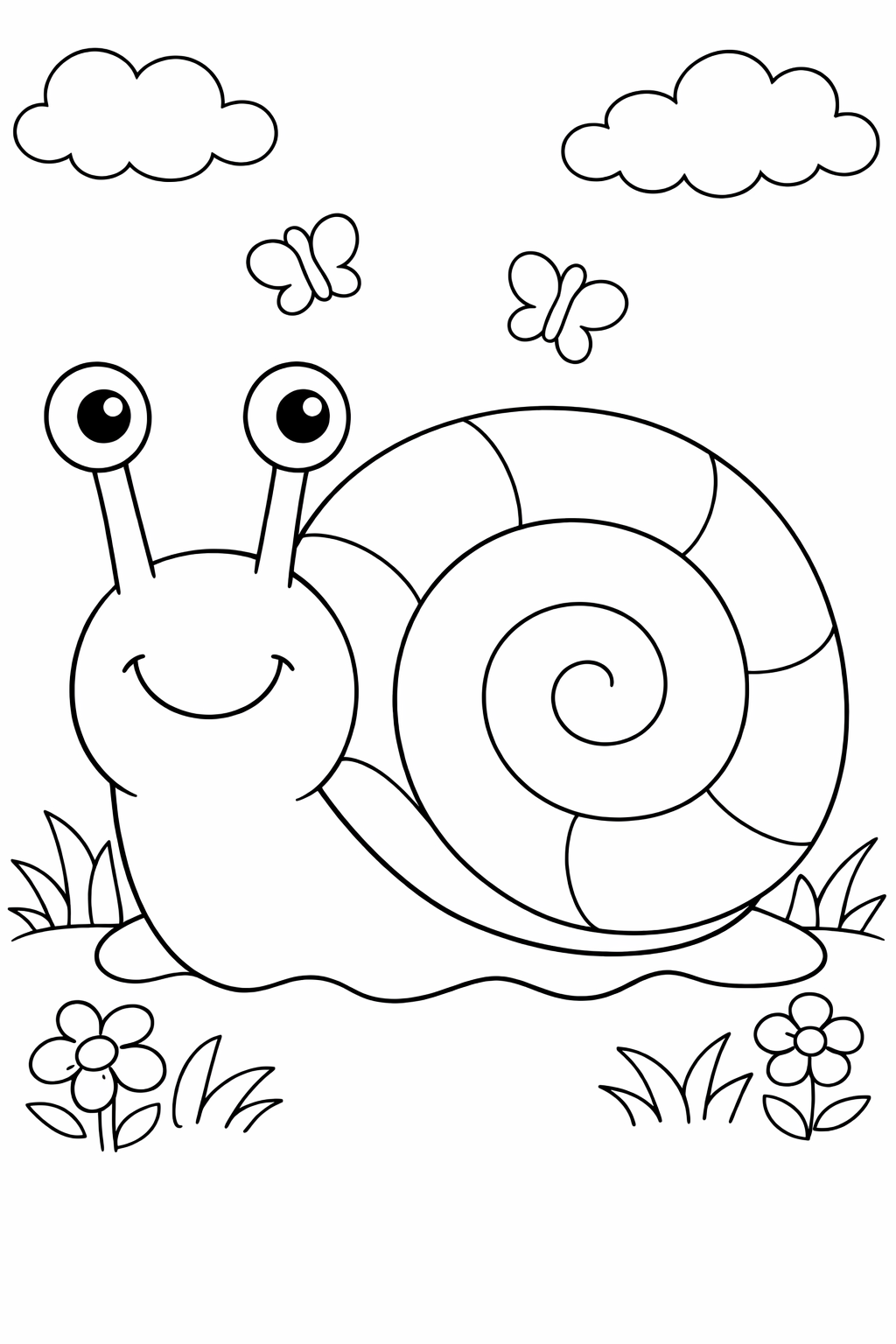 A cute snail with big eyes and a spiral shell smiles in a field with flowers and butterflies, ideal for coloring.