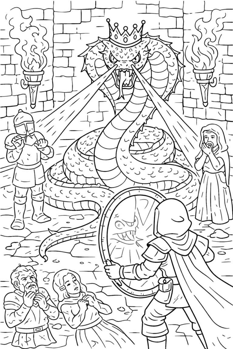 A crowned snake faces a knight with villagers nearby in a fortress, with glowing torches on the stone walls, creating an adventurous scene perfect for coloring.