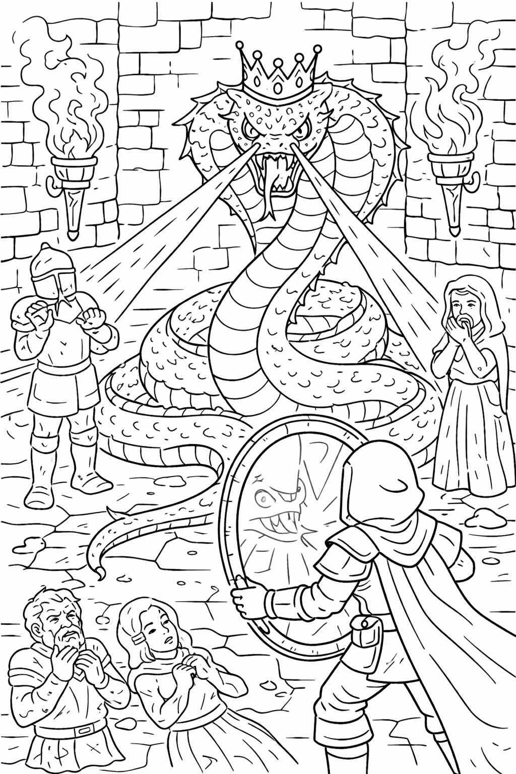 A crowned snake faces a knight with villagers nearby in a fortress, with glowing torches on the stone walls, creating an adventurous scene perfect for coloring.