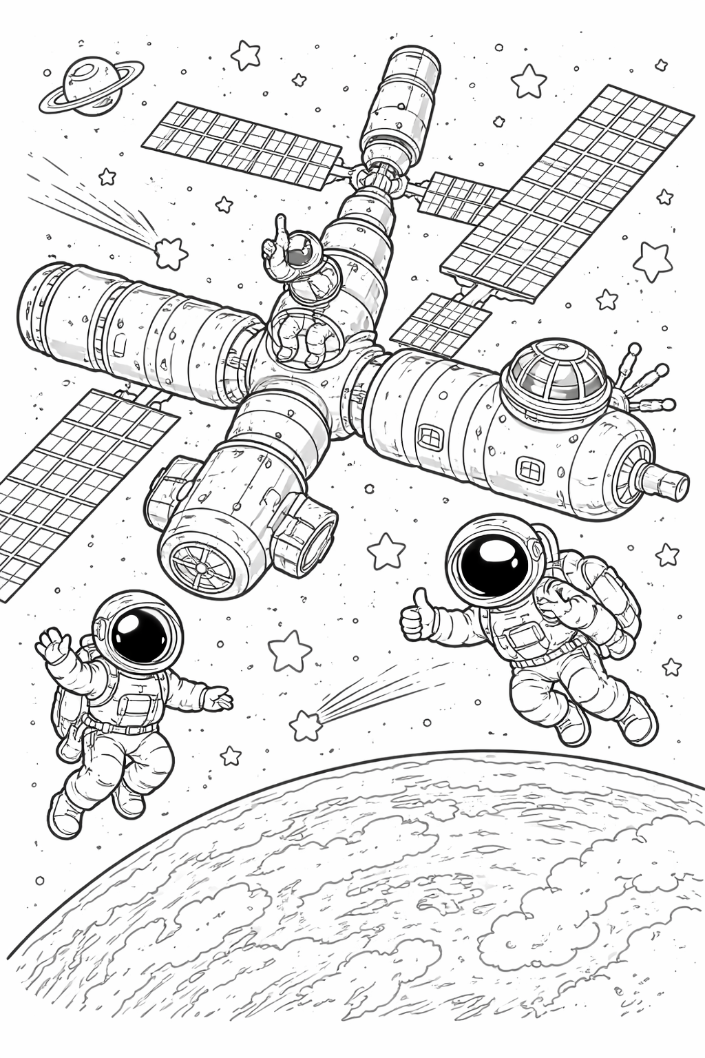 A coloring page depicting astronauts in space with a space station, stars, and a planet, inviting children to add colors to this adventurous space scene.
