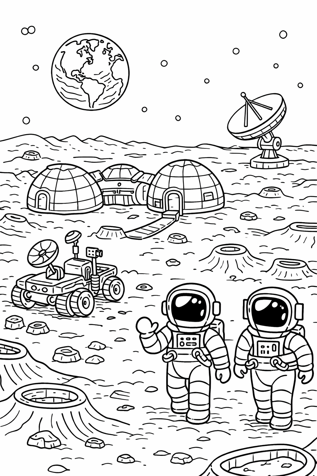 Children's coloring page of astronauts on a lunar landscape with domed buildings, a rover, and a satellite dish. Earth is visible in the background. Ideal for engaging young space enthusiasts in imaginative coloring.