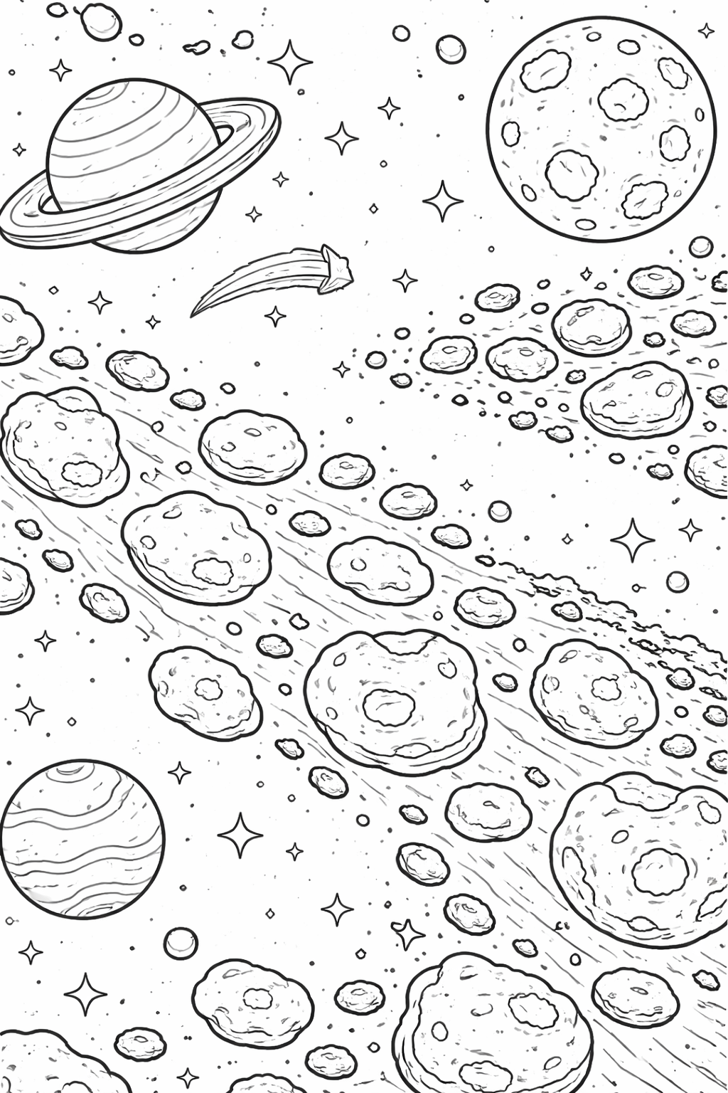 A detailed space coloring page with planets, asteroids, and stars, offering children a creative activity to explore the universe's wonders.