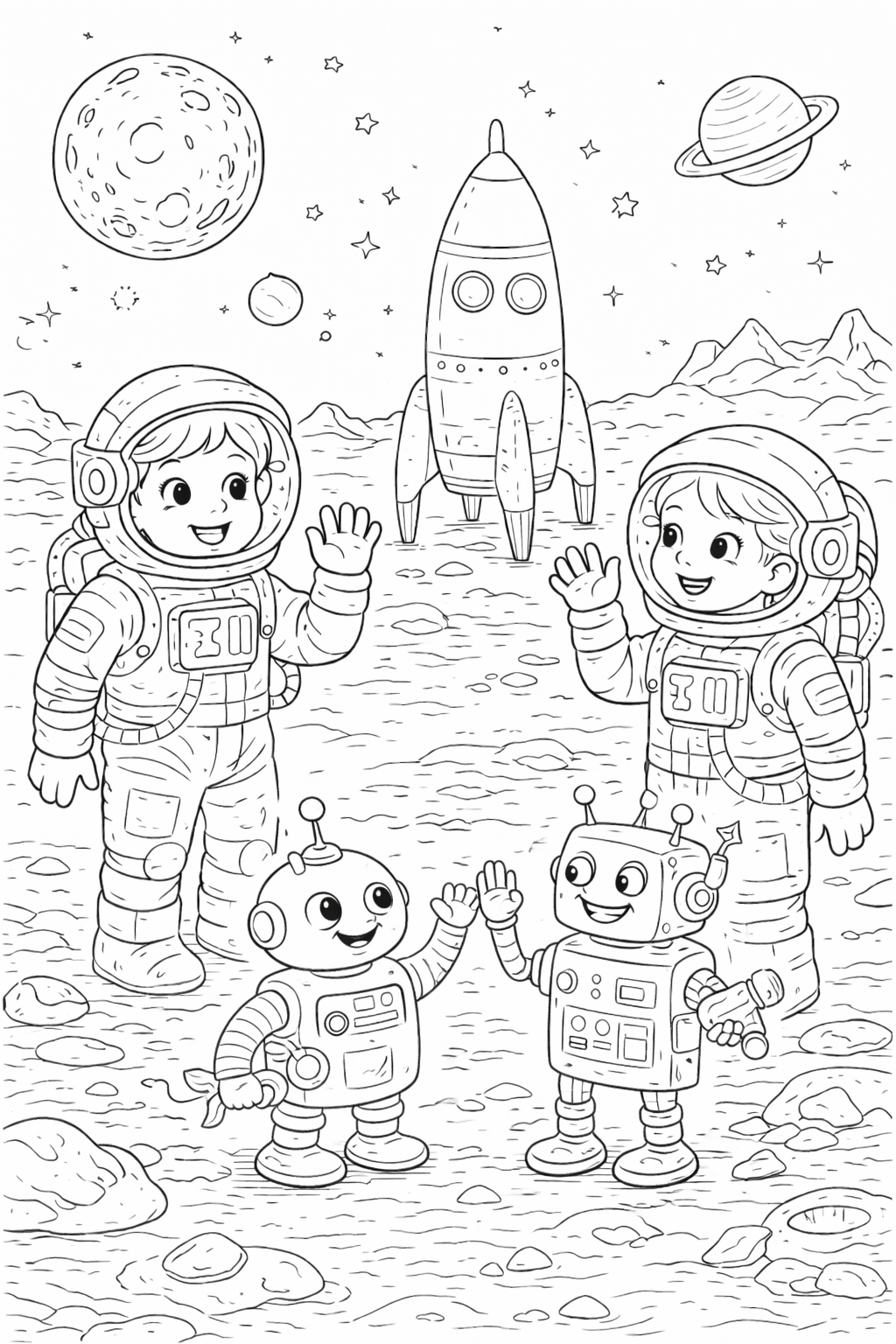 A detailed coloring page shows two astronauts and robots on a lunar landscape, with a rocket, planets, and stars in the sky, inviting children to explore and color this exciting space-themed scene.