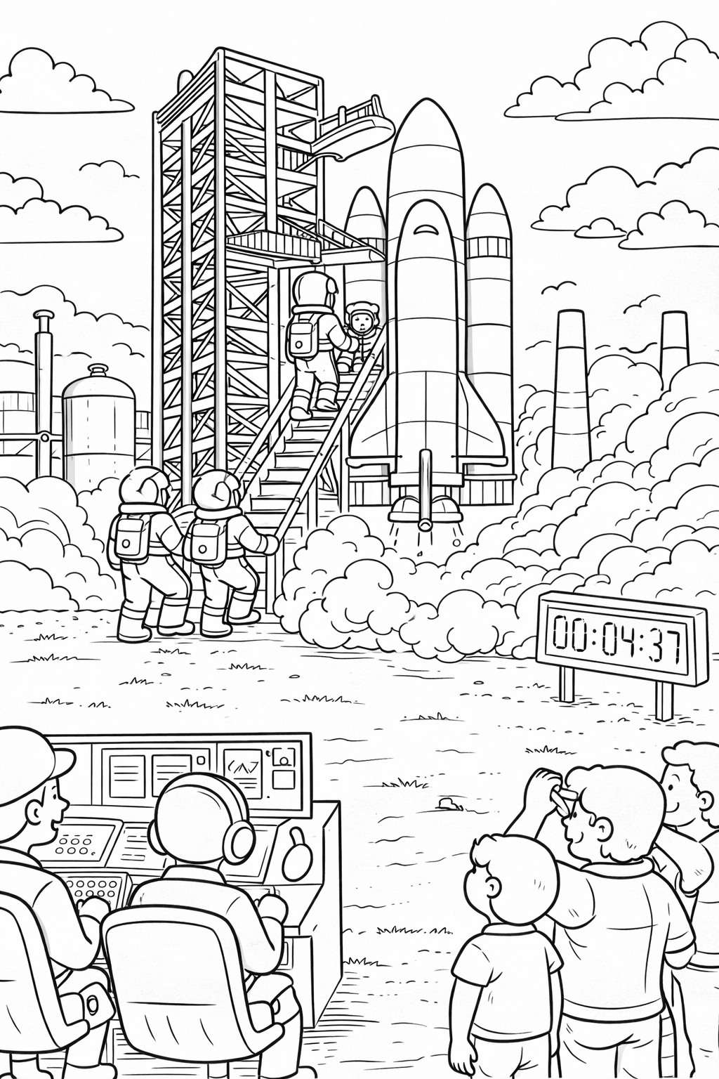 A space launch scene with astronauts climbing onto a rocket ship. Mission control staff monitor the countdown while children watch with excitement. The countdown clock displays the time remaining for launch.