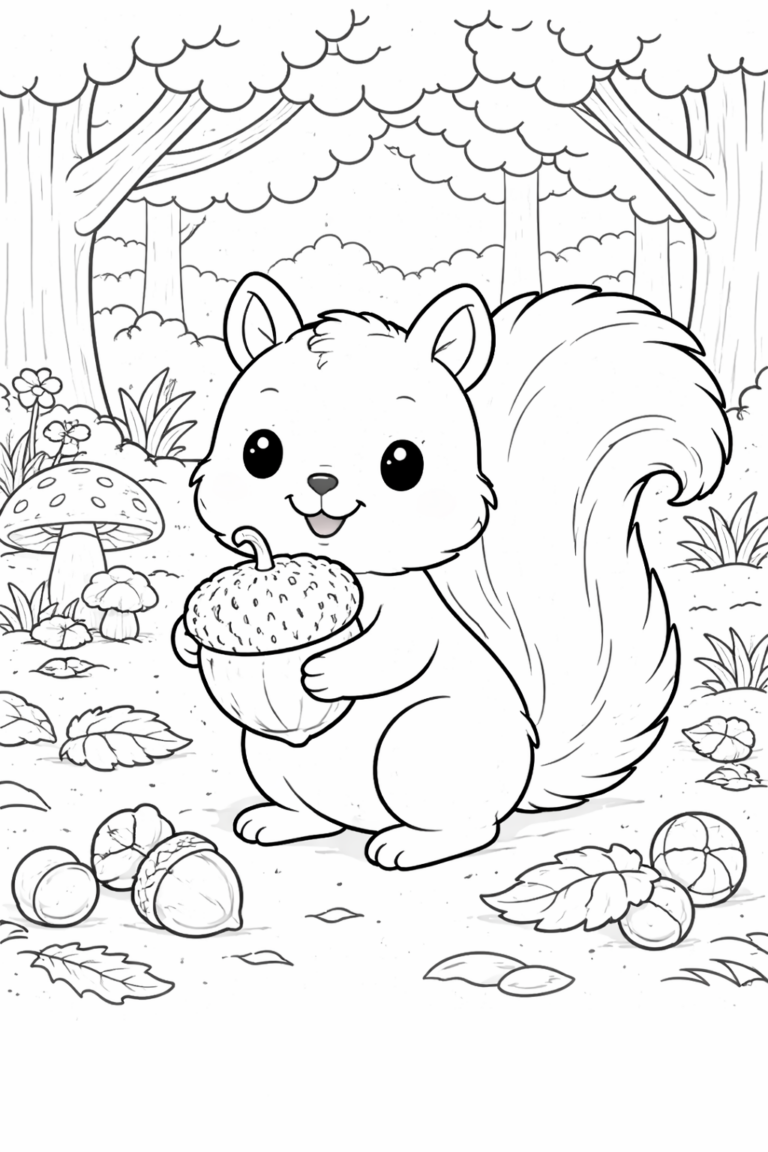 A cute squirrel holding a large acorn in a forest setting, surrounded by trees, mushrooms, and fallen leaves, perfect for children to color.
