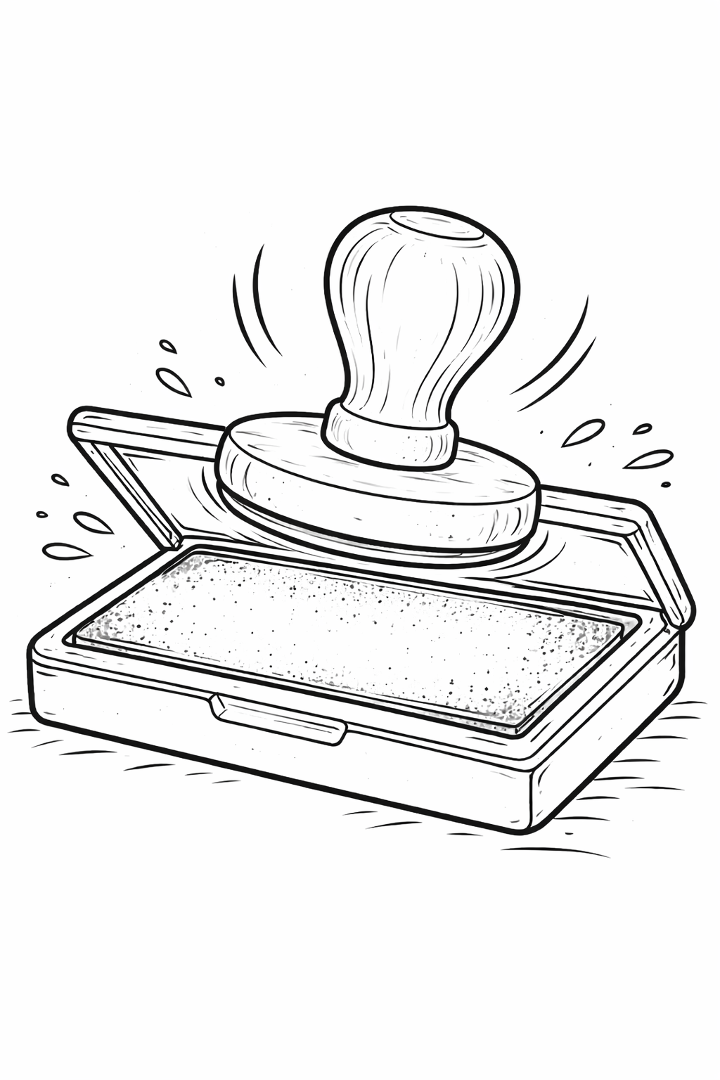 A detailed stamp pad with a rubber stamp in action, offering a fun coloring opportunity. Children will enjoy adding their imaginative colors to the ink pad and the stamp itself, exploring creativity.