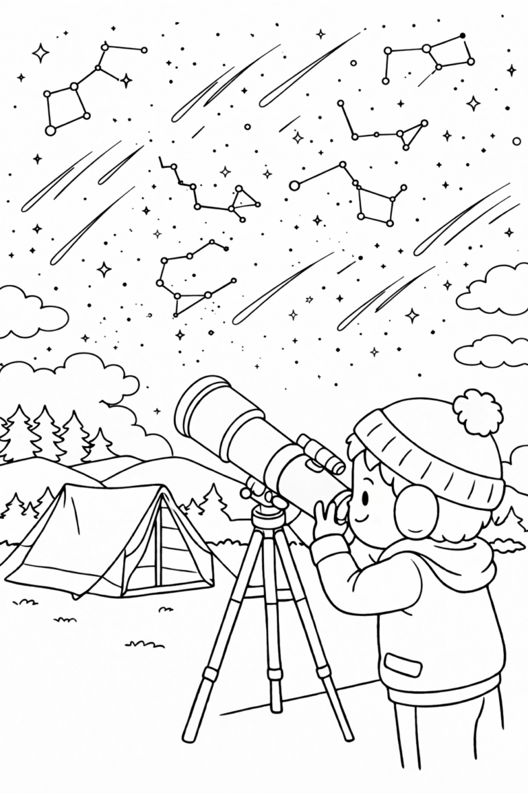 A child with a telescope observing the night sky filled with constellations and shooting stars, set against a backdrop of hills and a camping tent.