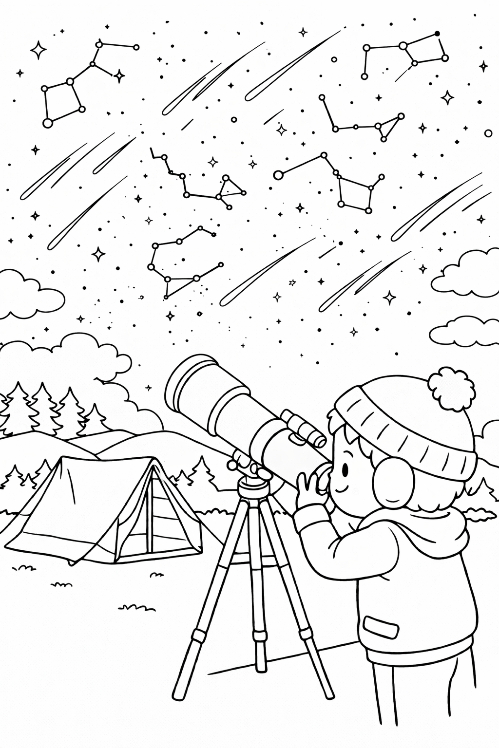 A child with a telescope observing the night sky filled with constellations and shooting stars, set against a backdrop of hills and a camping tent.