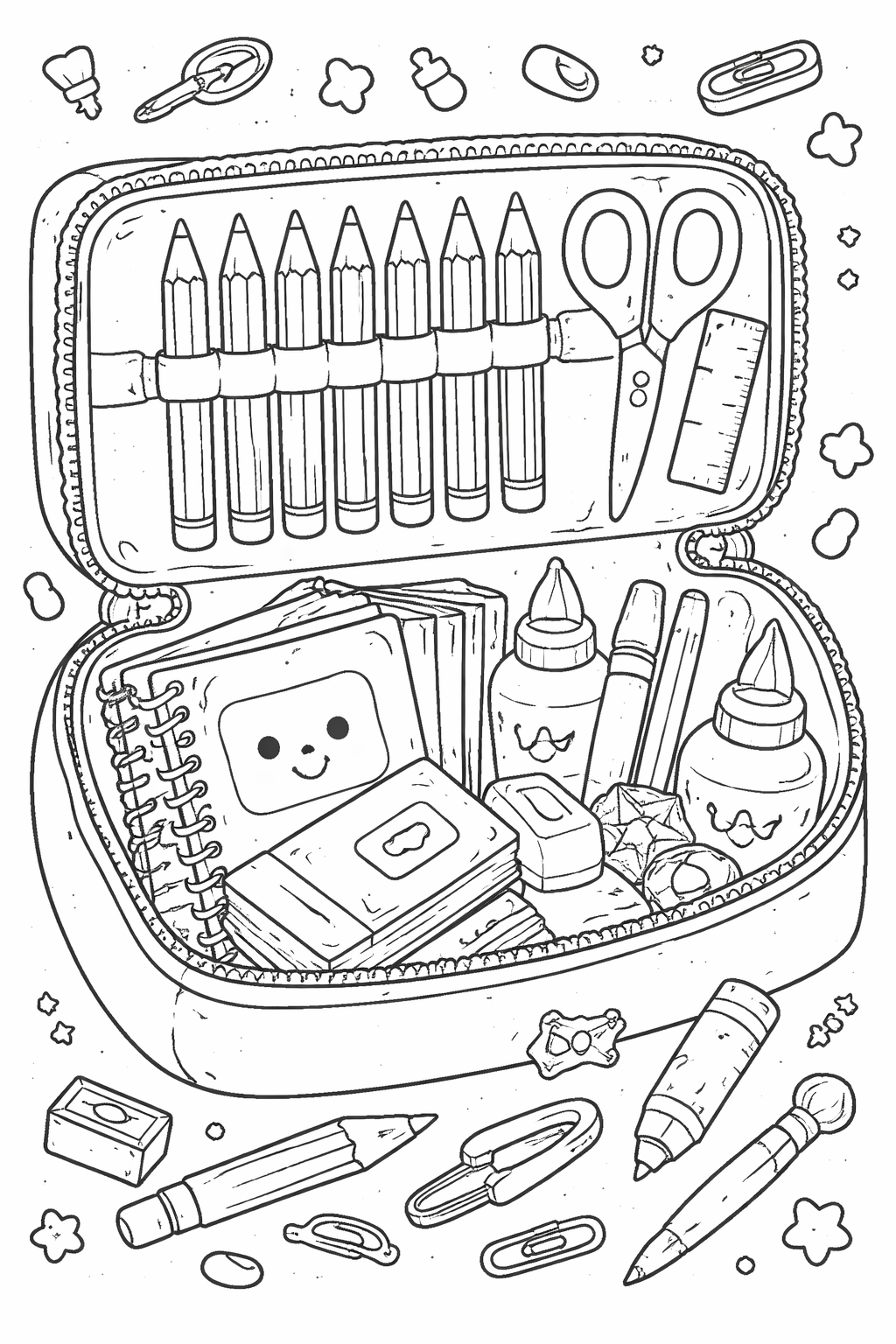 A children's coloring page featuring a pencil case full of stationery supplies such as pencils, scissors, glue bottles, and paper clips designed for young artists to color.