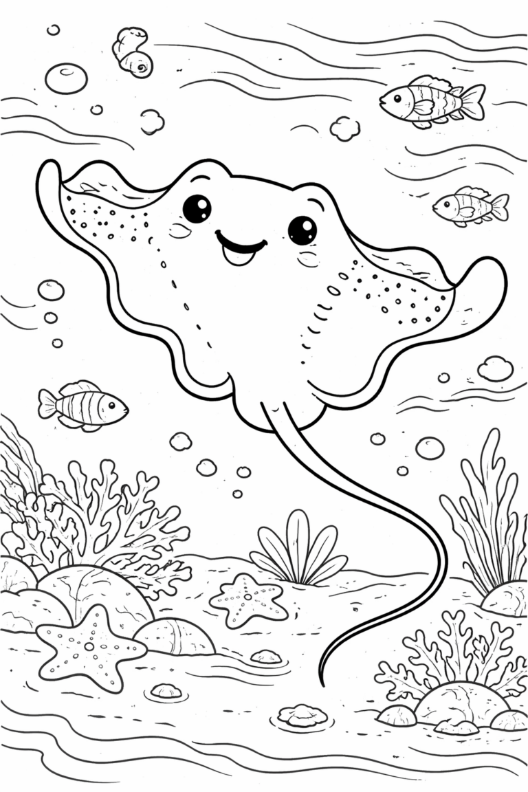 Underwater scene on a coloring page featuring a cute, smiling stingray with fish, bubbles, and diverse ocean plants. Ideal for children to color and explore marine life creatively.