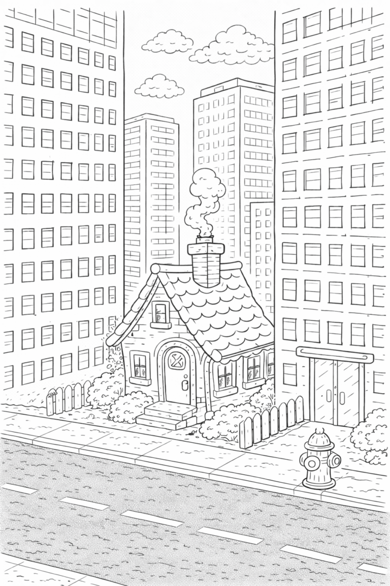 Coloring page showing a storybook cottage nestled among tall city buildings, featuring clouds, trees, and a road. Children can color the cozy cottage and urban skyscrapers.