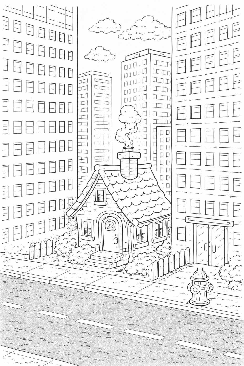 Coloring page showing a storybook cottage nestled among tall city buildings, featuring clouds, trees, and a road. Children can color the cozy cottage and urban skyscrapers.