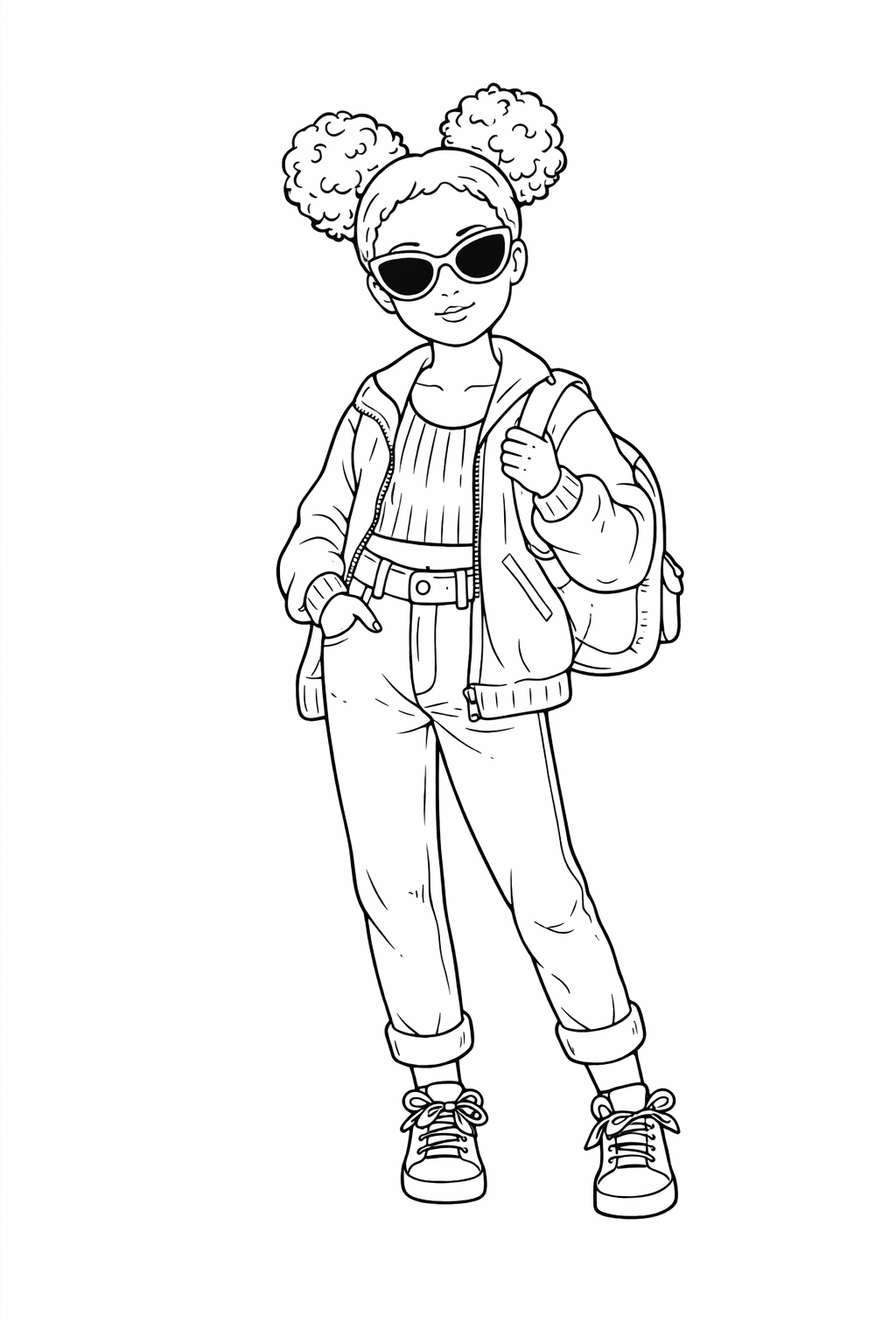 A detailed coloring page of a stylish girl wearing sunglasses, a hoodie, and jeans, holding a backpack. Perfect for kids to express their fashion creativity.