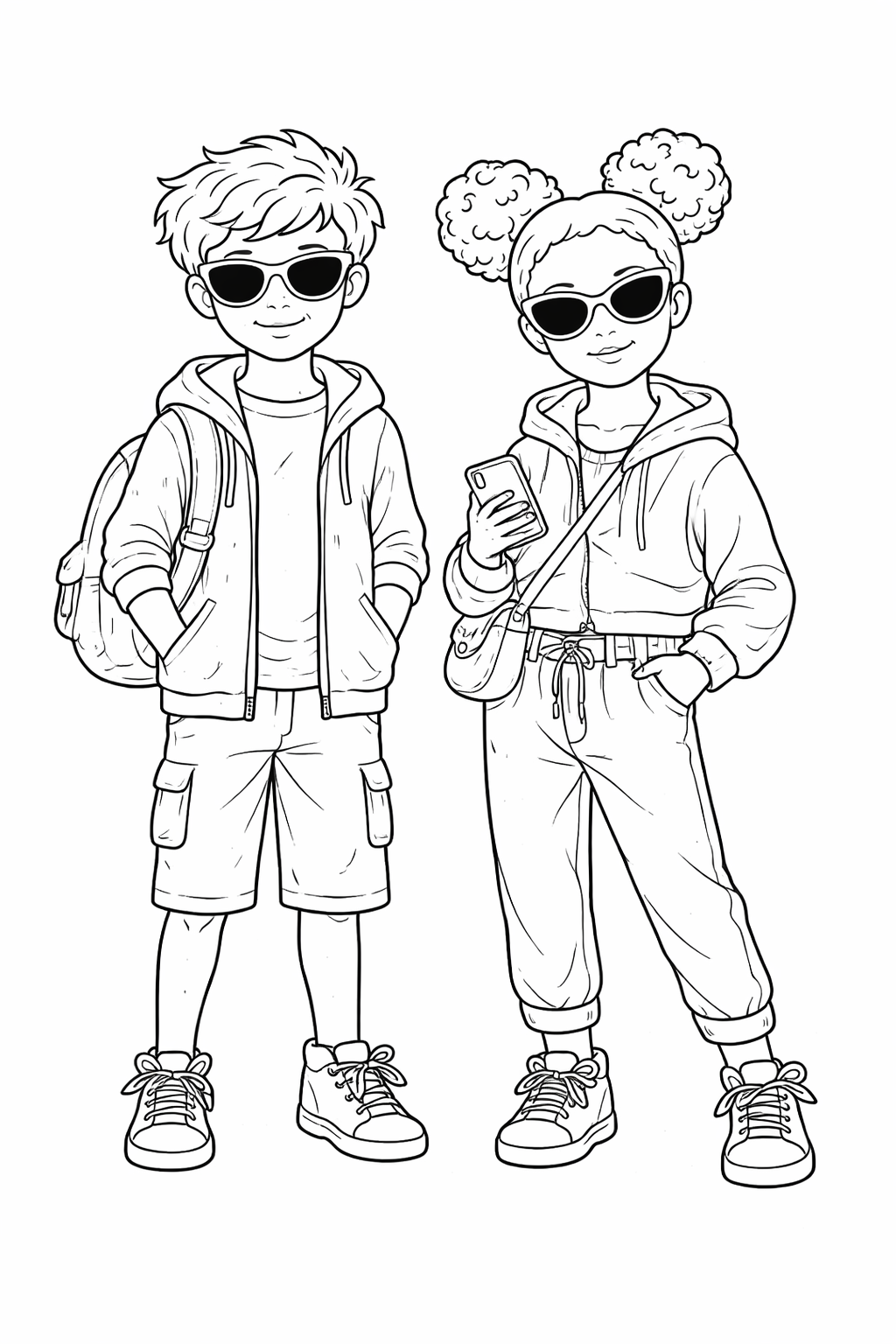 Two fashionable kids stand together wearing casual outfits with sunglasses. One holds a smartphone, adding a modern feel. Their attire includes hoodies, jogger pants, and sneakers. Ideal for coloring, it showcases a cool, trendy theme for children.