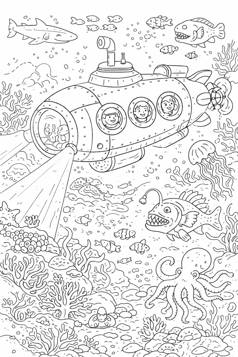 Color this exciting underwater scene featuring a submarine, sharks, octopuses, and vibrant coral reefs. Perfect for children to explore marine life and ocean adventures through creative coloring activities.