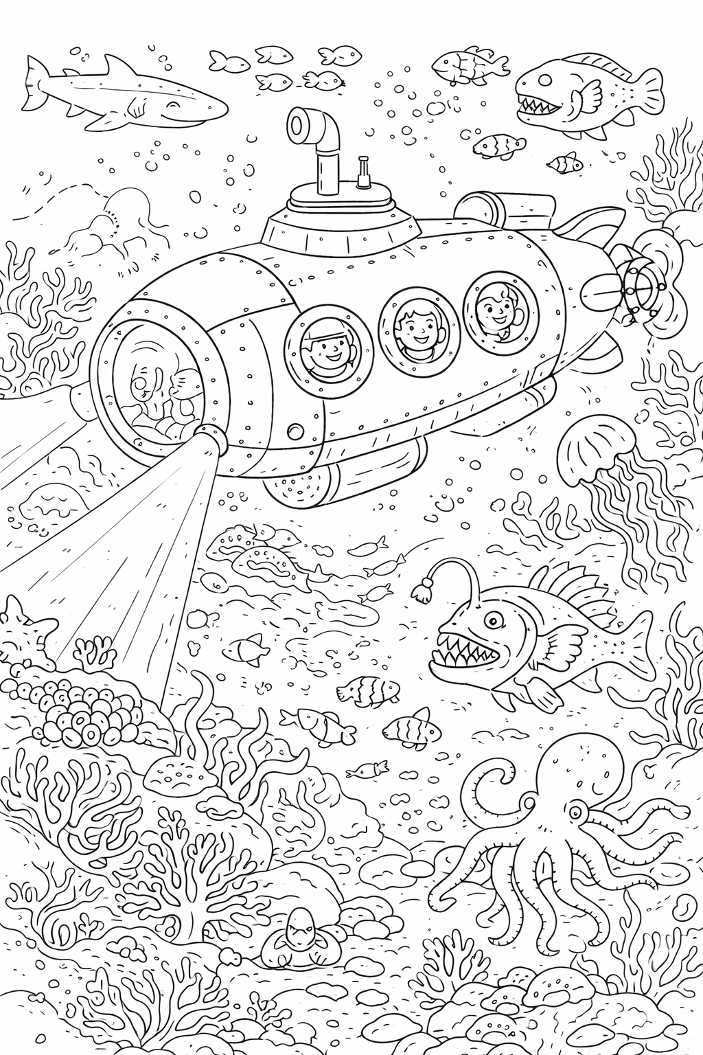 Color this exciting underwater scene featuring a submarine, sharks, octopuses, and vibrant coral reefs. Perfect for children to explore marine life and ocean adventures through creative coloring activities.