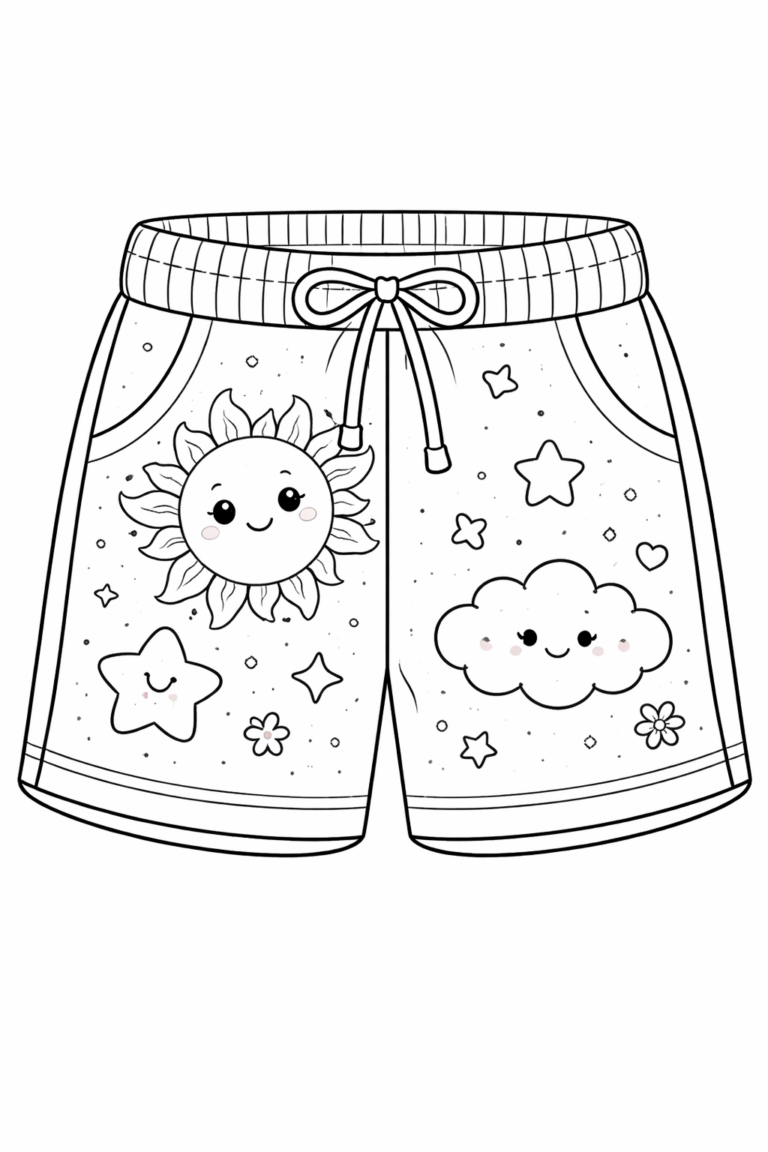 A coloring page showing children's shorts with a smiling sun and cloud, surrounded by stars and celestial patterns for kids to color.