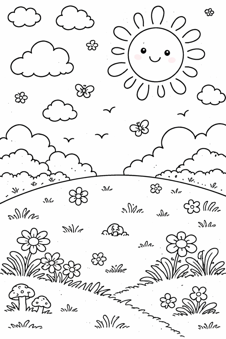 A cheerful coloring page illustrating a sunny landscape with a smiling sun, clouds, flowers, butterflies, and a lush grass meadow for children to color.