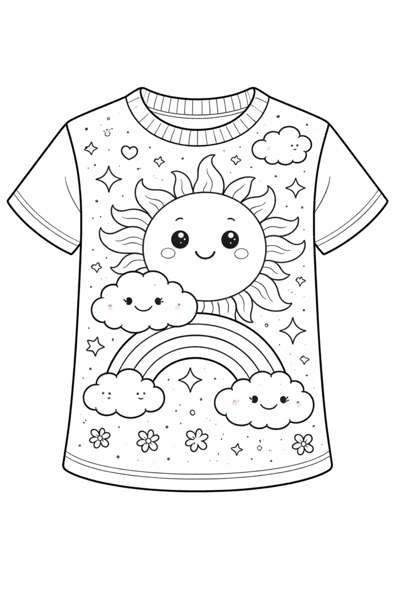 Charming coloring page of a Sunshine T-shirt with a smiling sun, fluffy clouds, and a vibrant rainbow, offering a joyful celestial theme for kids to color creatively.