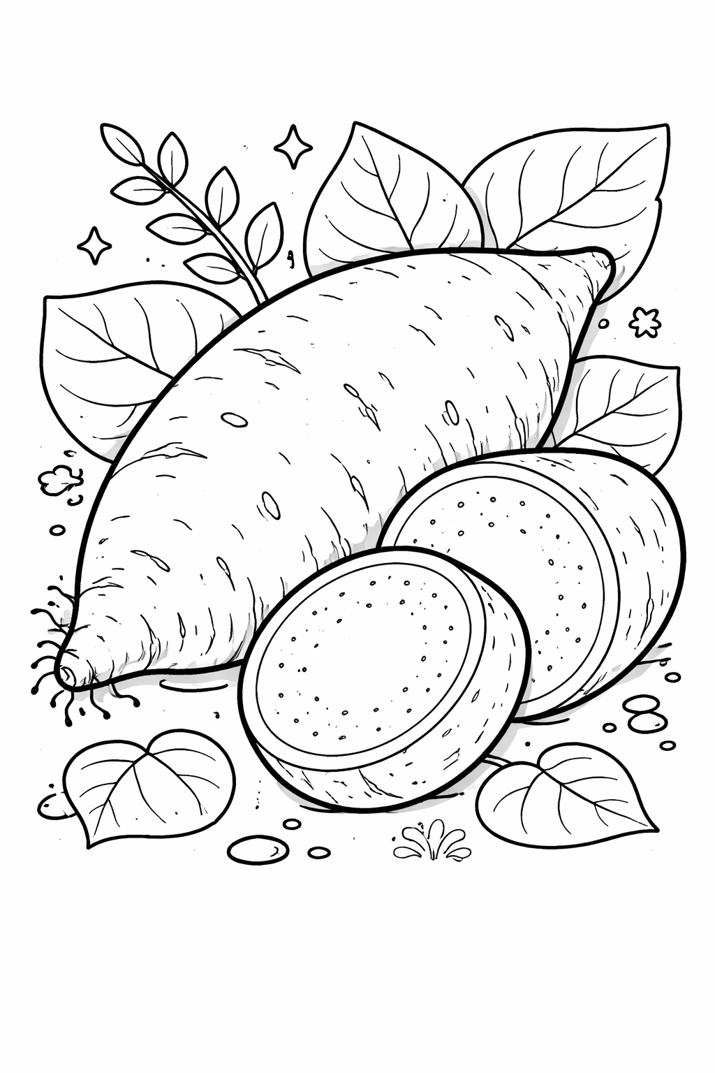 Coloring page showcasing a detailed sweet potato with leaves. Kids can explore vegetable shapes and patterns, enhancing creativity and learning. Ideal for a fun coloring session.