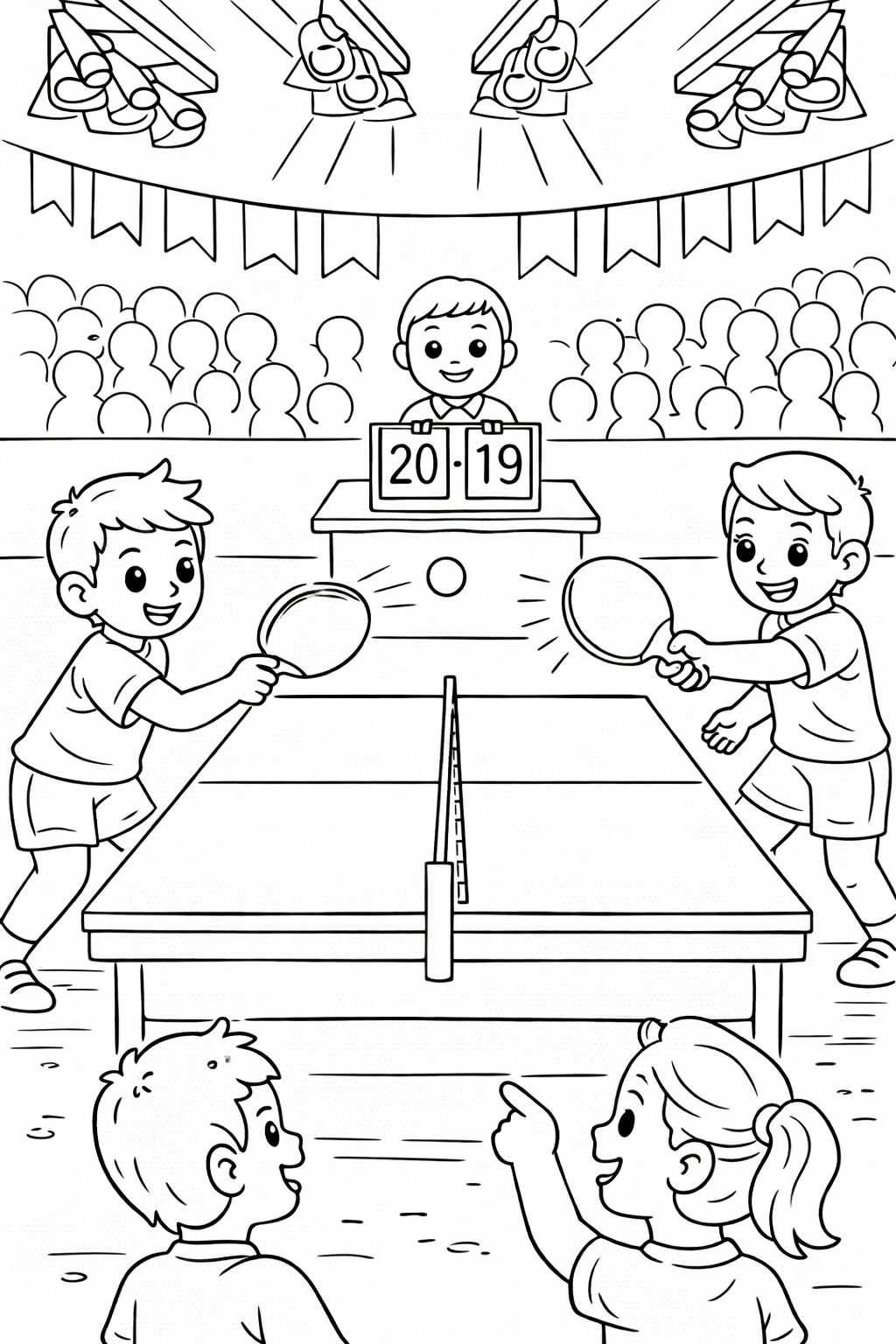 Children engaged in a lively table tennis match while fans watch enthusiastically. The players are mid-action and an umpire oversees the match. This vibrant scene captures the excitement and fun of a sports event.