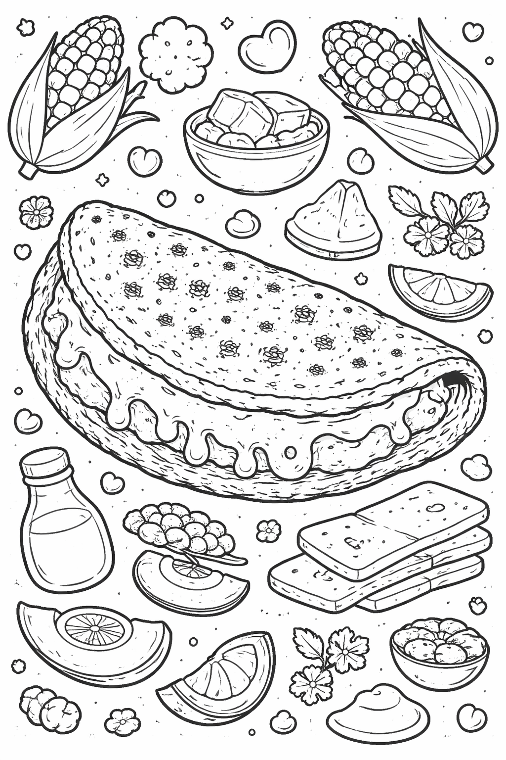 A delightful taco coloring page showcasing a taco with cheese, corn, and other ingredients. Children can explore their creativity by coloring various food items like corn cobs, sauce bottles, and vegetables surrounding the taco.