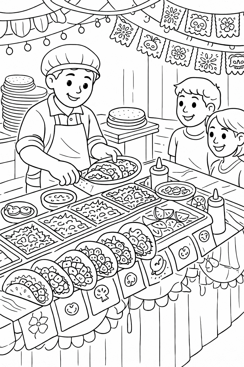 A detailed coloring page featuring a cheerful vendor at a taco stand. The scene includes colorful banners and a variety of taco ingredients. Eager children stand at the stall, excited to be served. This engaging image is an excellent activity for kids.
