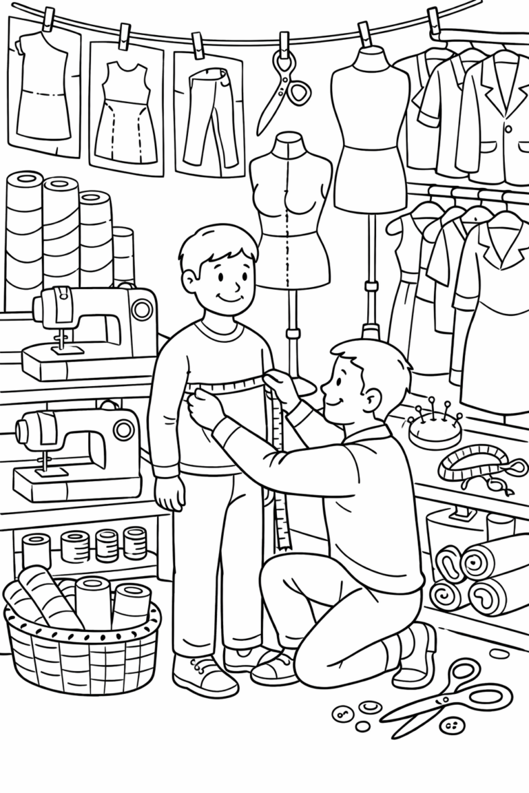 Children can enjoy coloring a detailed tailor shop scene. The image features a tailor measuring a child, surrounded by sewing machines and clothes. Various clothing patterns and fabric rolls provide additional creative coloring opportunities.